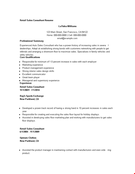 retail sales consultant resume template
