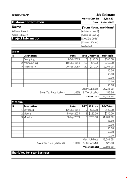 free estimate template for labor | customize for your address | total estimate template