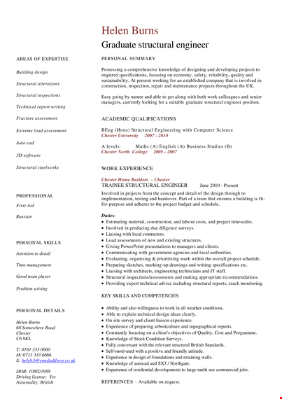 engineering graduate resume sample: personal experience in design | chester structural template