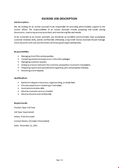 escrow assistant job description template