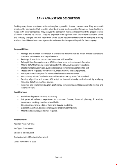 bank analyst job description template