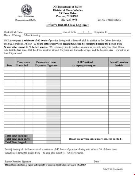 drivers out of class log sheet template