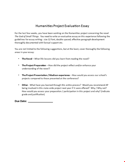 evaluation essay on humanities project: analyzing the impact of the following novel template