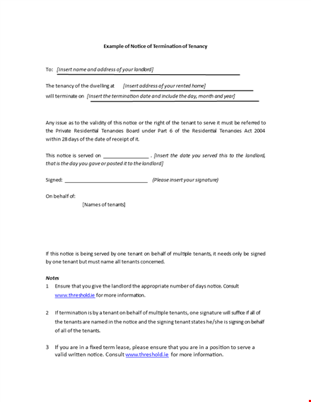 notice of termination of tenancy - example, for landlord to insert tenant's details template