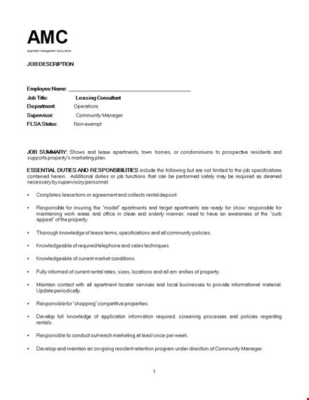 leasing consultant job description template