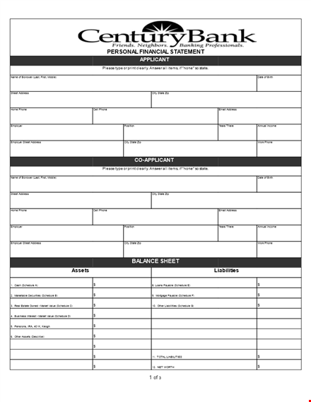 balance sheet template for personal financial statement | schedule, address, state, phone info template
