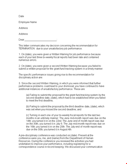 efficient termination letter template for unsatisfactory employee performance template
