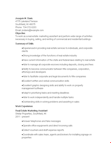 real estate marketing assistant resume template