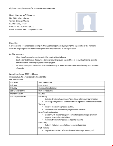 hr executive resume sample template