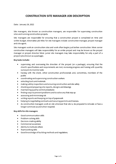 construction site manager job description  template