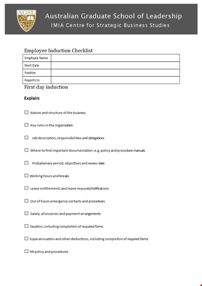 new employee induction checklist template