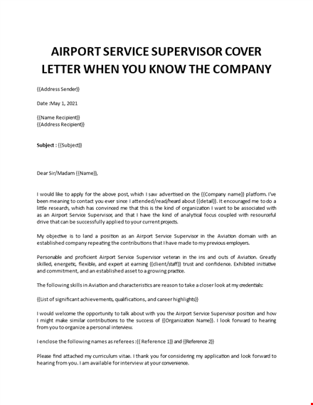 airport service supervisor cover letter template