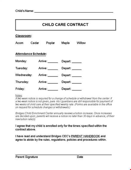 daycare contract: notice, schedule, departure, child arrival | professional templates template