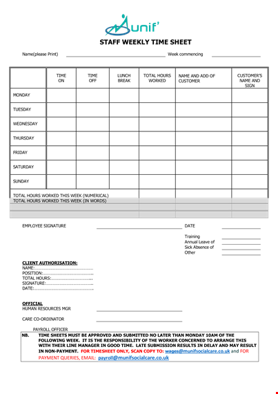 staff weekly time sheet template - track and manage employee hours | munif social care template