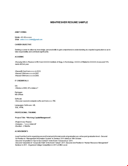 mba fresher resume sample pdf template
