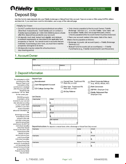 deposit slip template for account, mutual, & brokerage | fidelity template
