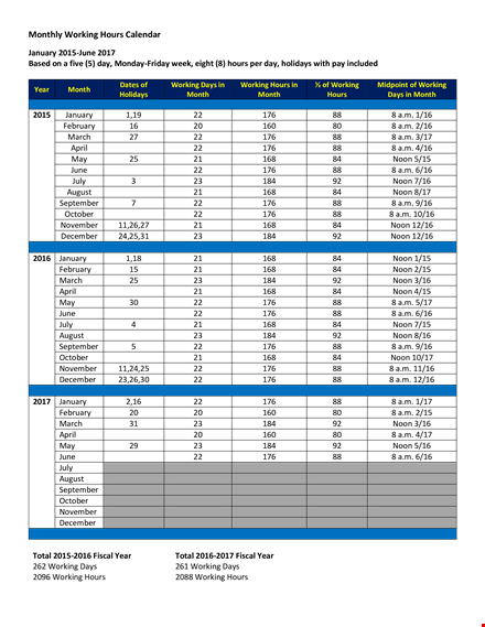january working hours calendar template | plan and track your monthly working hours template