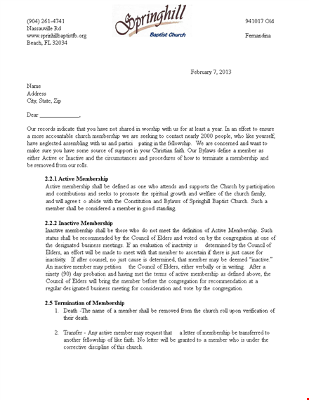 terminating church membership - download a sample letter today template