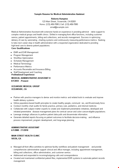 sample medical administrative assistant resume | health, management, patient administrative template