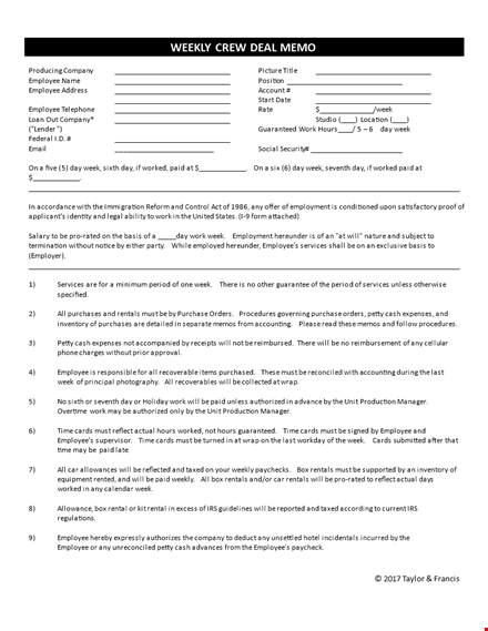 weekly crew deal memo template template