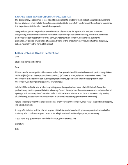 prior disciplinary misconduct: sample probation protocol template