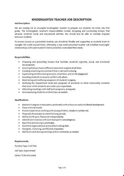 kindergarten teacher job description template