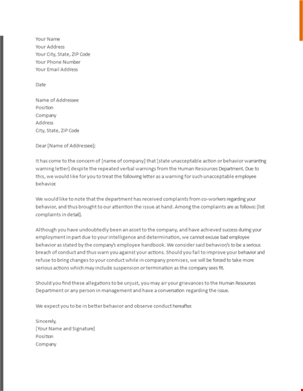 effective employee warning letters to address unacceptable behavior template