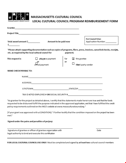 grantee reimbursement form for cultural council projects template