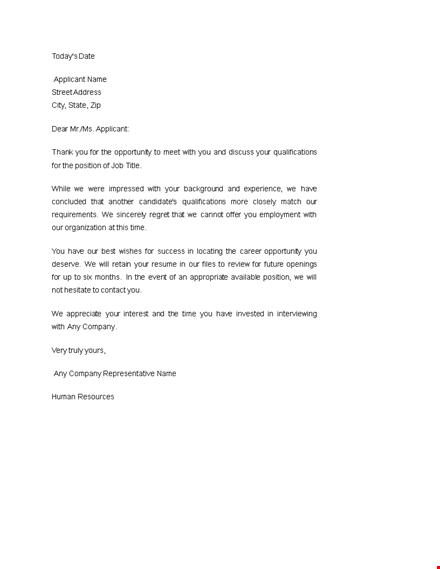 sample application rejection letter template