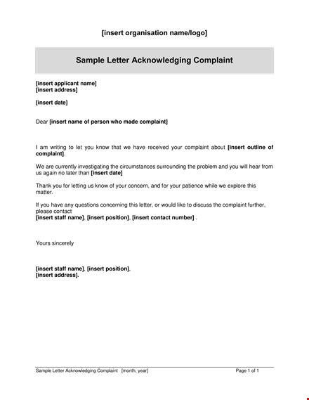 acknowledgement of employee complaint - sample letter & template template