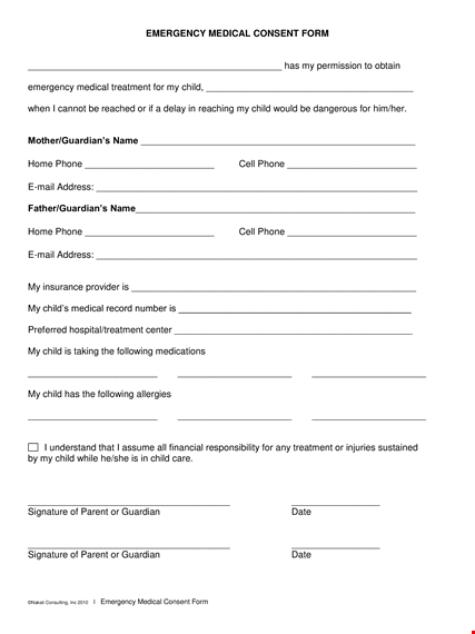 child medical emergency consent form: phone guardian for immediate action template