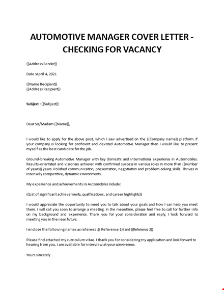 automotive manager cover letter  template