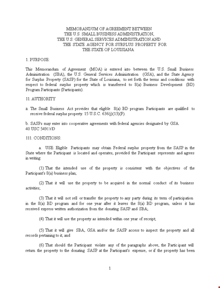 small business administration memorandum agreement template