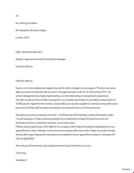 company manager appointment letter template