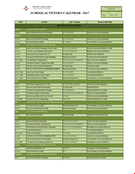 school activity calendar template template