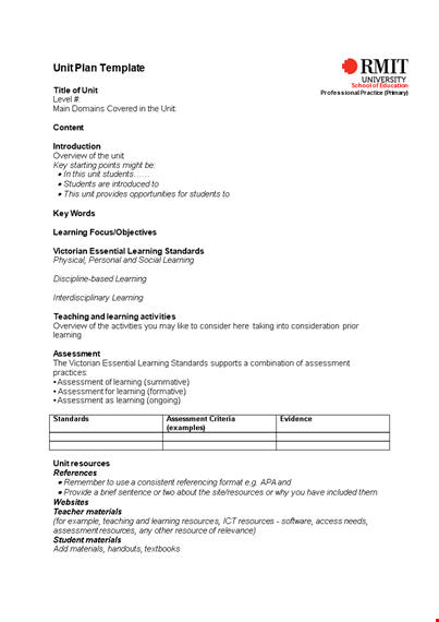 unit plan template for effective assessment and student learning with resources template