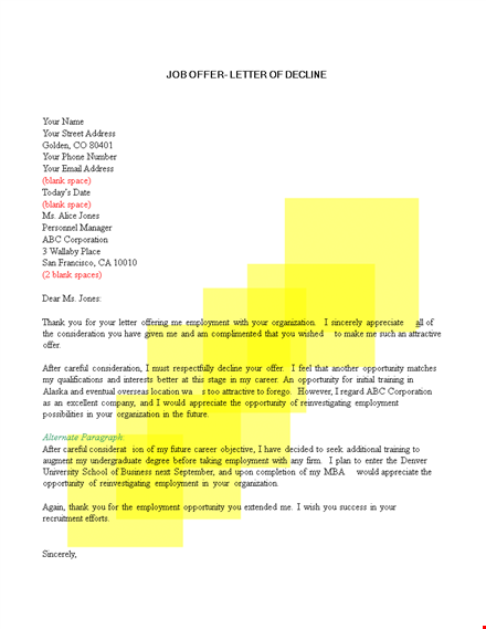 rejecting offer of employment - professional and respectful letter template