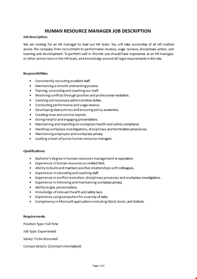 human resource manager job description template