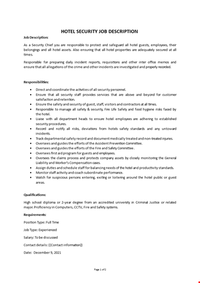 hotel security job description template