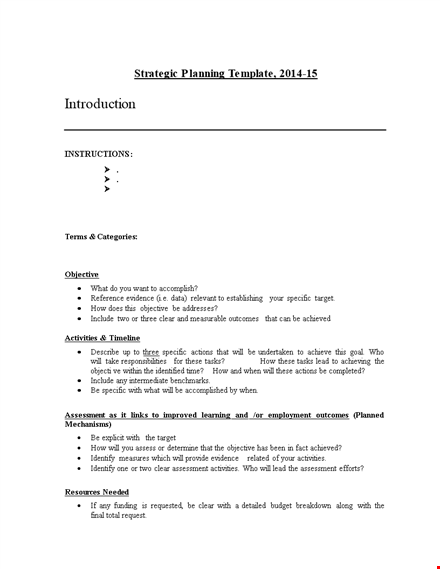 strategic plan template - assessments, targets, activities, and objectives template