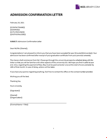 admission confirmation letter template