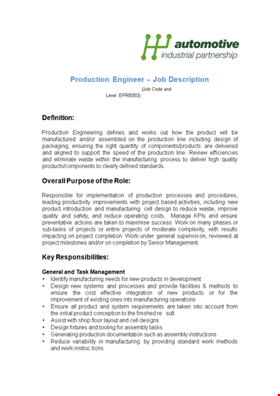 production engineer job description - manufacturing & process | ensure production efficiency template