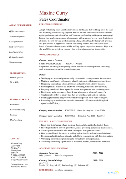 sales support coordinator resume template