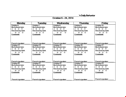 student daily work behavior calendar template