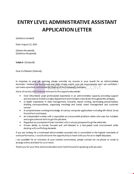 entry level admin assistant application letter template