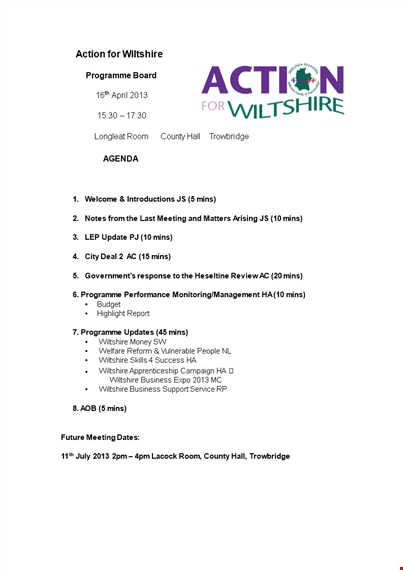 program meeting agenda template for efficient programme management | wiltshire template