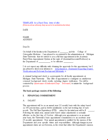 university appointment offer letter for faculty template