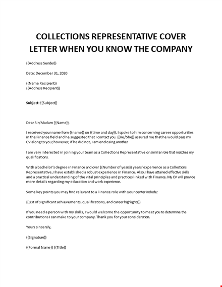 collections representative cover letter  template
