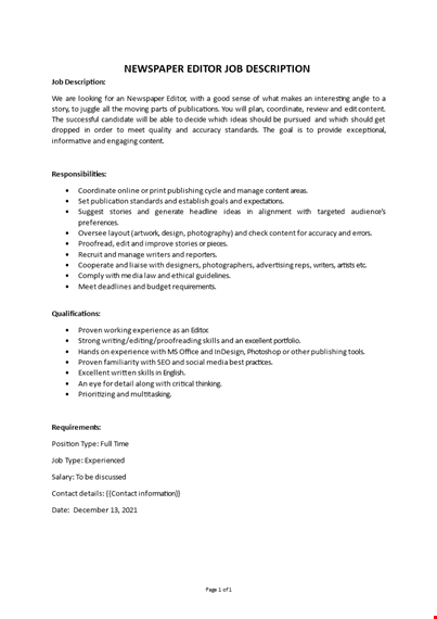 newspaper editor job description template