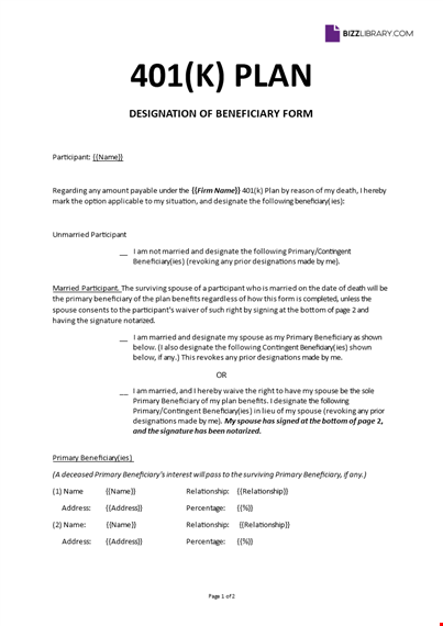 contingent beneficiary 401k template